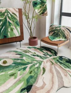 green rug fluffy cozy monstera leaf